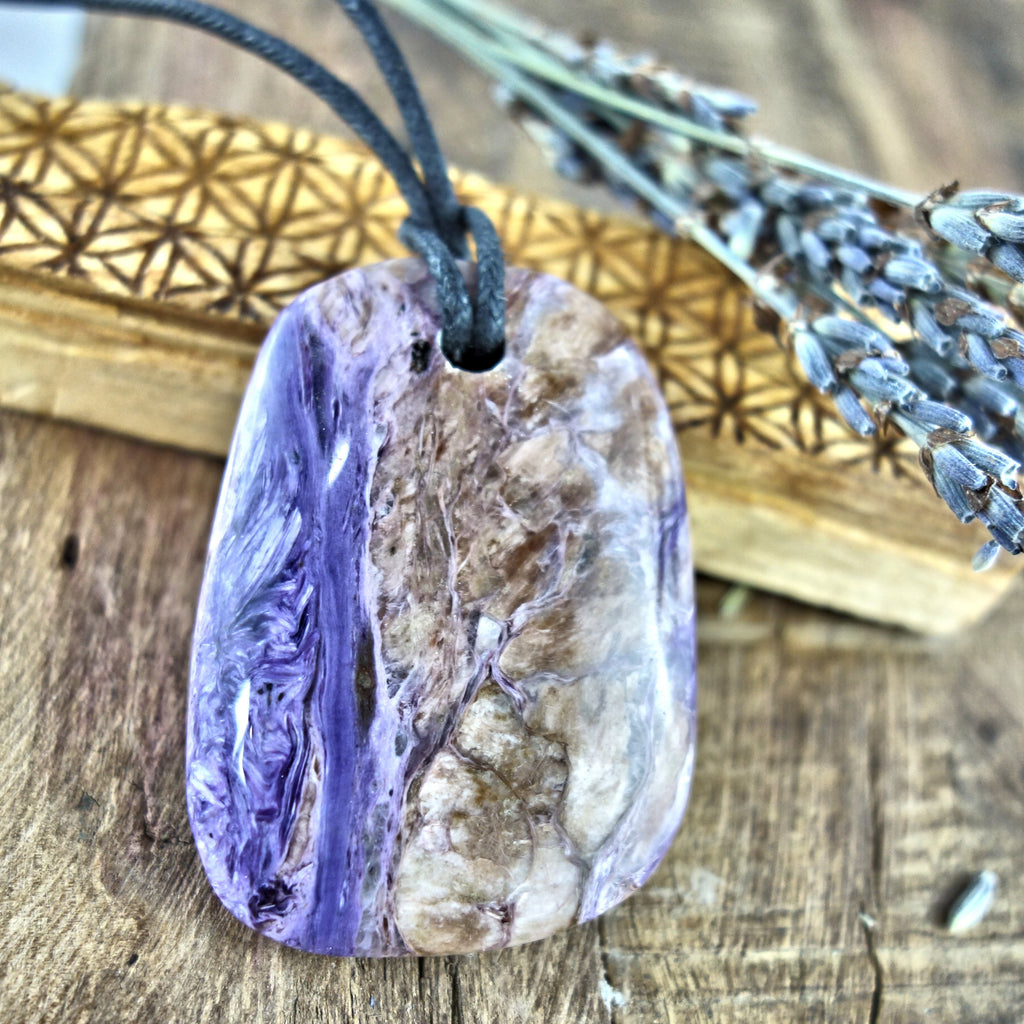 Chunky Silky Purple Charoite Pendant on Adjustable Cotton Cord 3 - Earth Family Crystals