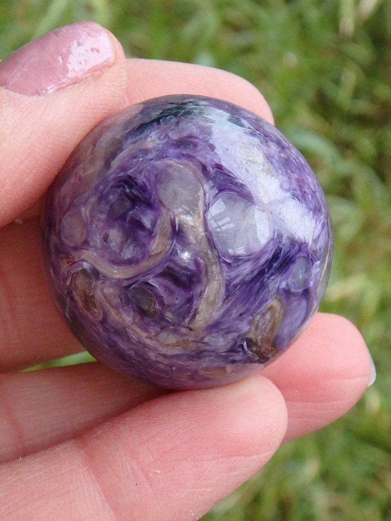 Breathtaking Silky Purple Charoite Sphere Carving - Earth Family Crystals