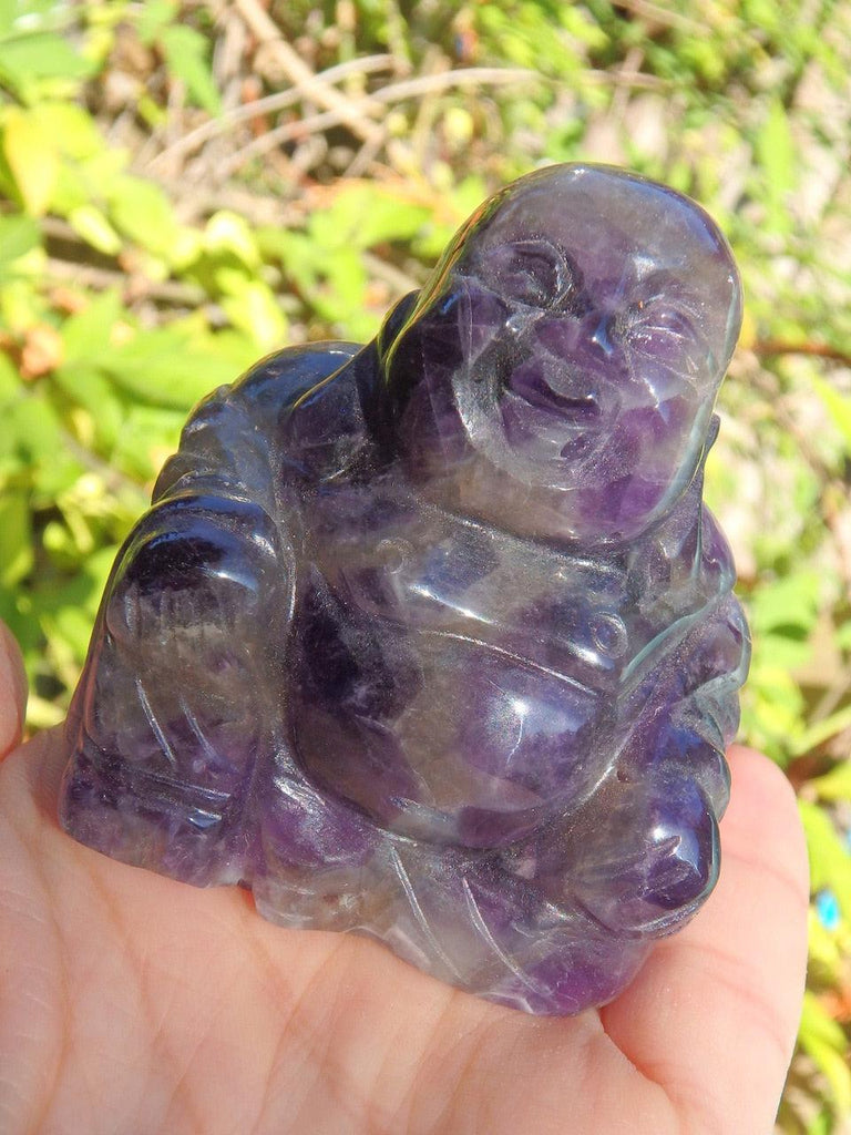 Happy Buddha Carving in Chevron Amethyst - Earth Family Crystals