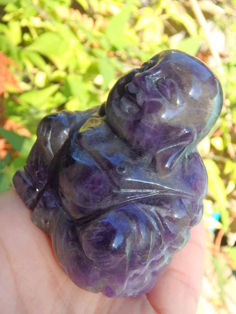 Happy Buddha Carving in Chevron Amethyst - Earth Family Crystals