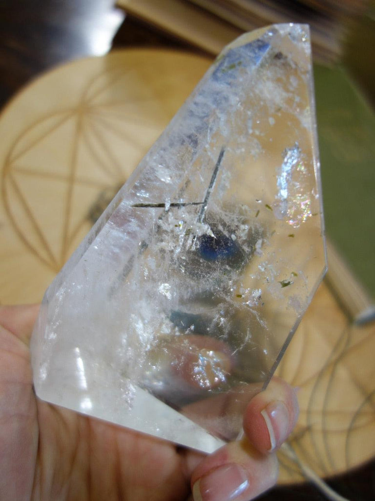 Green Tourmaline Inclusions Ice Water Clear Quartz Self Standing Specimen - Earth Family Crystals