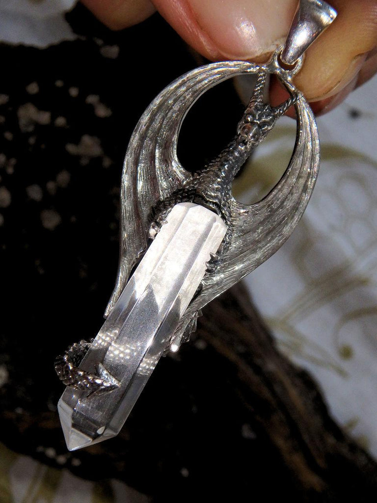 Fabulous Dragon & Clear Quartz Point Pendant in Sterling Silver (Includes Silver Chain) - Earth Family Crystals