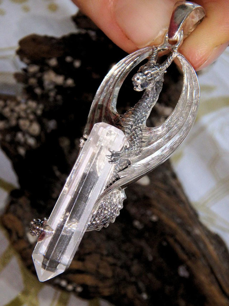 Fabulous Dragon & Clear Quartz Point Pendant in Sterling Silver (Includes Silver Chain) - Earth Family Crystals