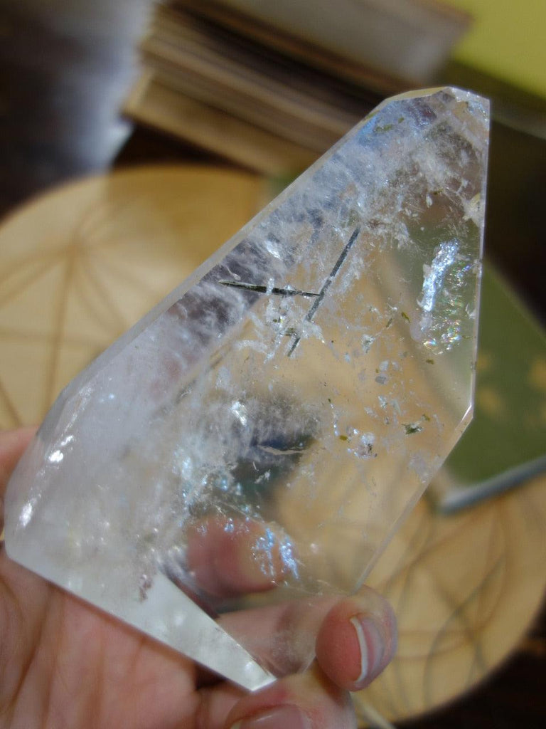 Green Tourmaline Inclusions Ice Water Clear Quartz Self Standing Specimen - Earth Family Crystals