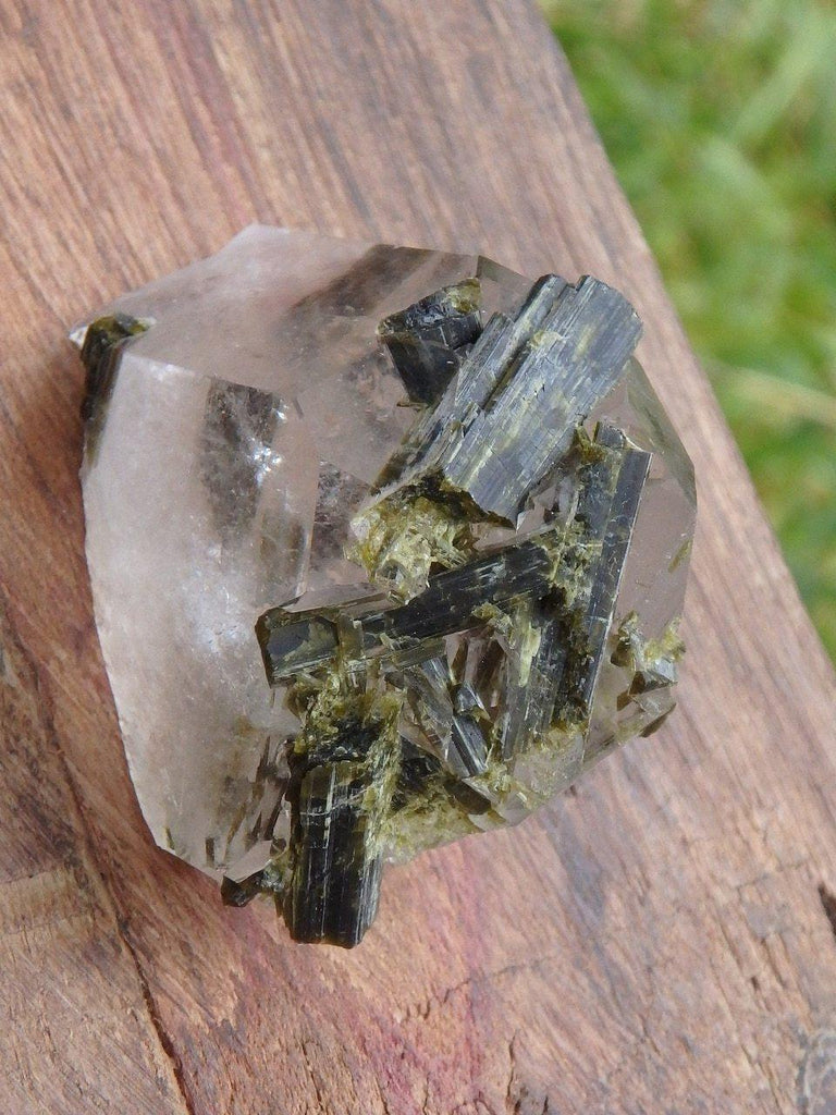Deep Forest Green Epidot Blades In Brazilian Clear Quartz Specimen - Earth Family Crystals