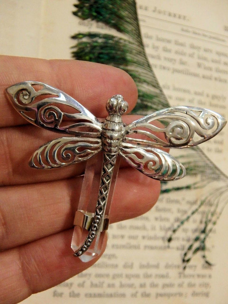 Majestic Dragonfly & Clear Quartz Point Pendant in Sterling Silver (Includes Silver Chain) REDUCED - Earth Family Crystals