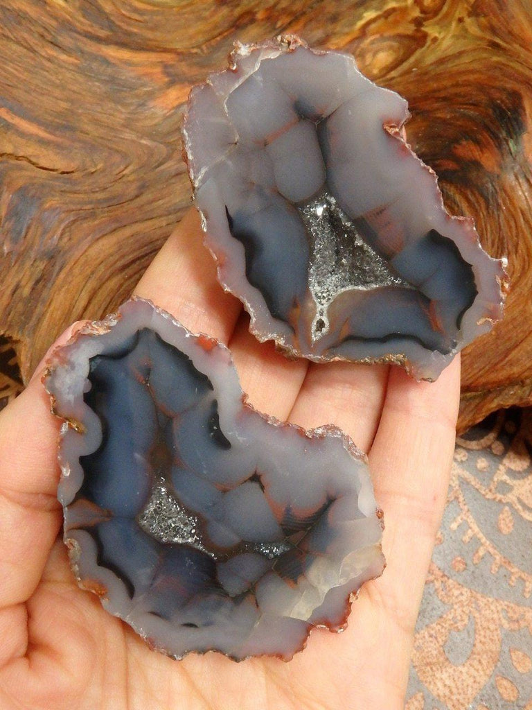 Druzy Quartz Caves! Complete Set of 2 Condor Agate Nodule Specimen Partially Polished From Argentina - Earth Family Crystals