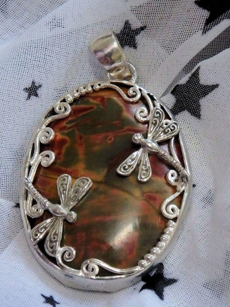 Amazing  Cherry Creek Jasper Double Dragonfly Pendant in Sterling Silver (Includes Silver Chain) - Earth Family Crystals