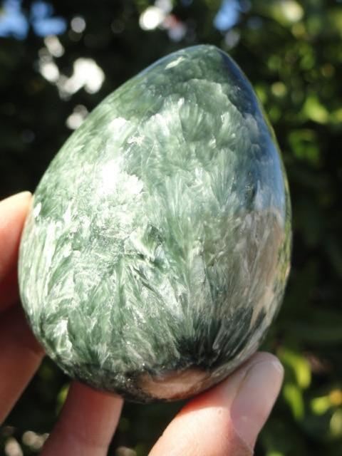 Forest Green & Soft Silver Angel Wings SERAPHINITE GEMSTONE EGG - Earth Family Crystals