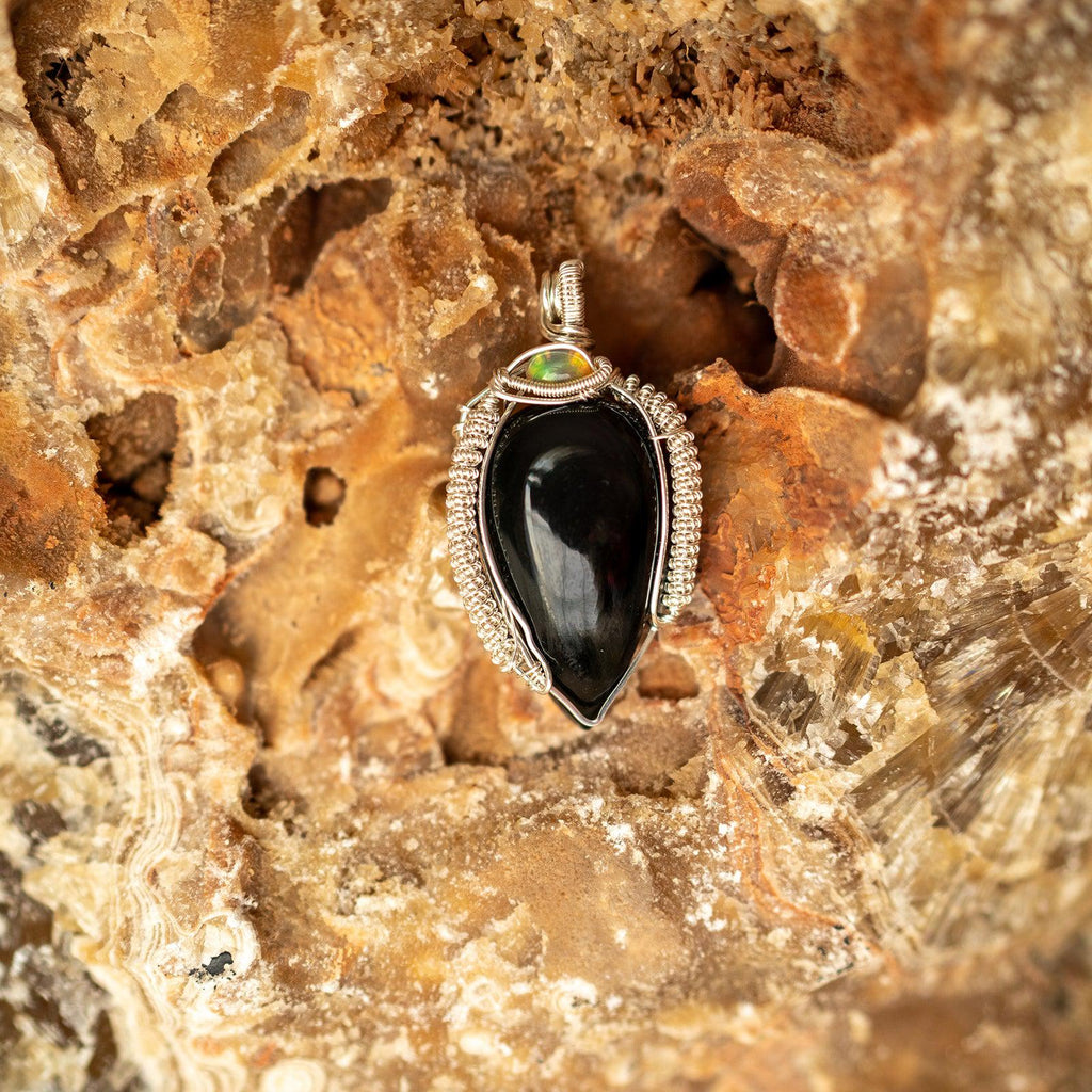 Rainbow Obsidian Pendant ~ Wire Wrapped with Opal~ Statement Piece ~ Beautiful Energy - Earth Family Crystals