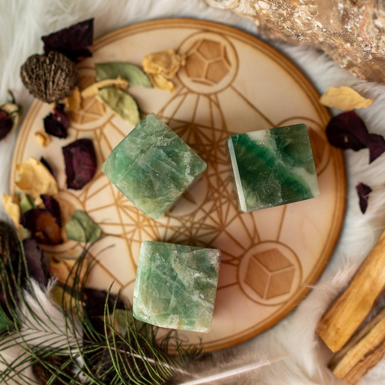 Green Fluorite Floating Cube Carving ~ Mental Clarity~ - Earth Family Crystals