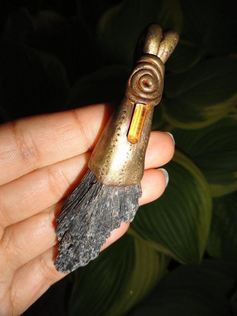 Handmade BLACK KYANITE & GOLDEN APATITE PENDANT* - Earth Family Crystals