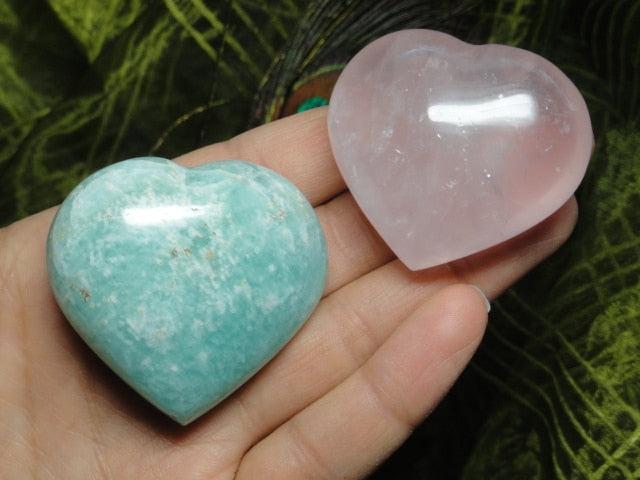 Set of 2 Precious GEMSTONE HEARTS~ ROSE QUARTZ & AMAZONITE - Earth Family Crystals