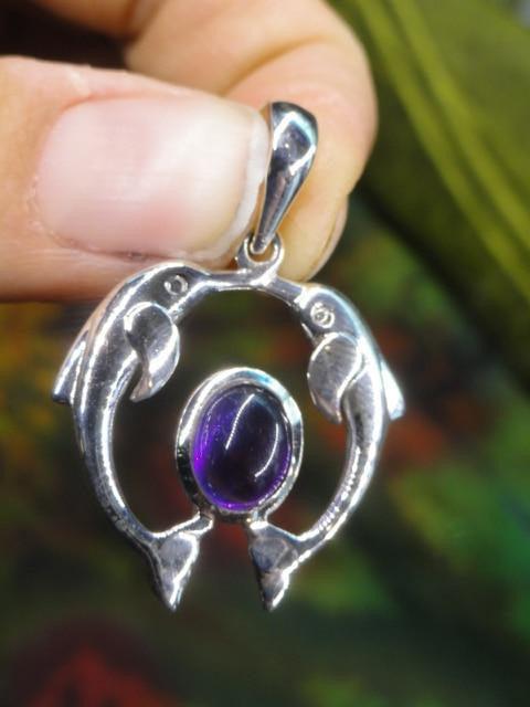 DOUBLE DOLPHIN AMETHYST GEMSTONE PENDANT In Sterling Silver (Includes Silver Chain) - Earth Family Crystals