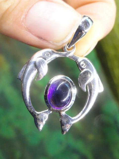 DOUBLE DOLPHIN AMETHYST GEMSTONE PENDANT In Sterling Silver (Includes Silver Chain) - Earth Family Crystals