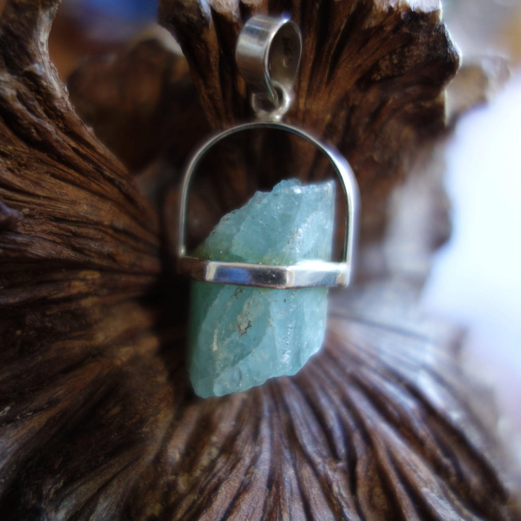 Raw & Natural Sea Blue Aquamarine Floating Pendant In Sterling Silver (Includes Silver Chain) - Earth Family Crystals