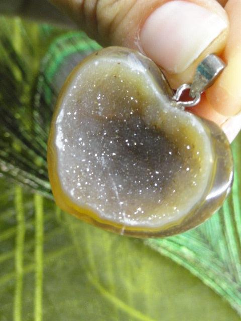 Gorgeous Sparkling AGATE GEODE GEMSTONE HEART PENDANT In Sterling Silver (Includes Silver Chain) - Earth Family Crystals