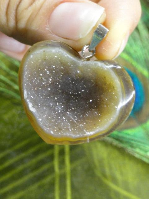 Gorgeous Sparkling AGATE GEODE GEMSTONE HEART PENDANT In Sterling Silver (Includes Silver Chain) - Earth Family Crystals