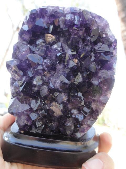Absolutely Breathtaking! Deep Dark Purple AMETHYST DISPLAY SPECIMEN On Removable Wood Stand - Earth Family Crystals