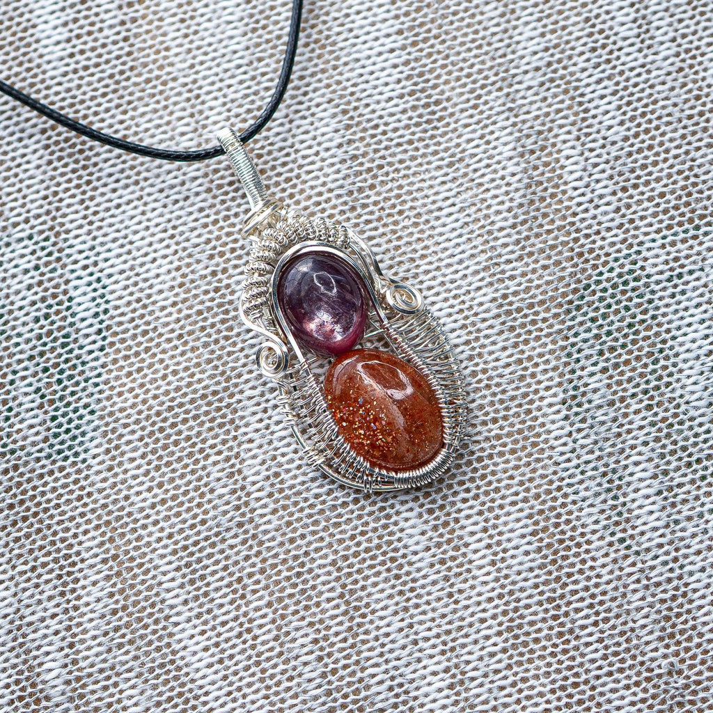 Shimmering Confetti Sunstone and Lepidolite Wire Wrapped Pendant ~ Necklace Cord Included - Earth Family Crystals