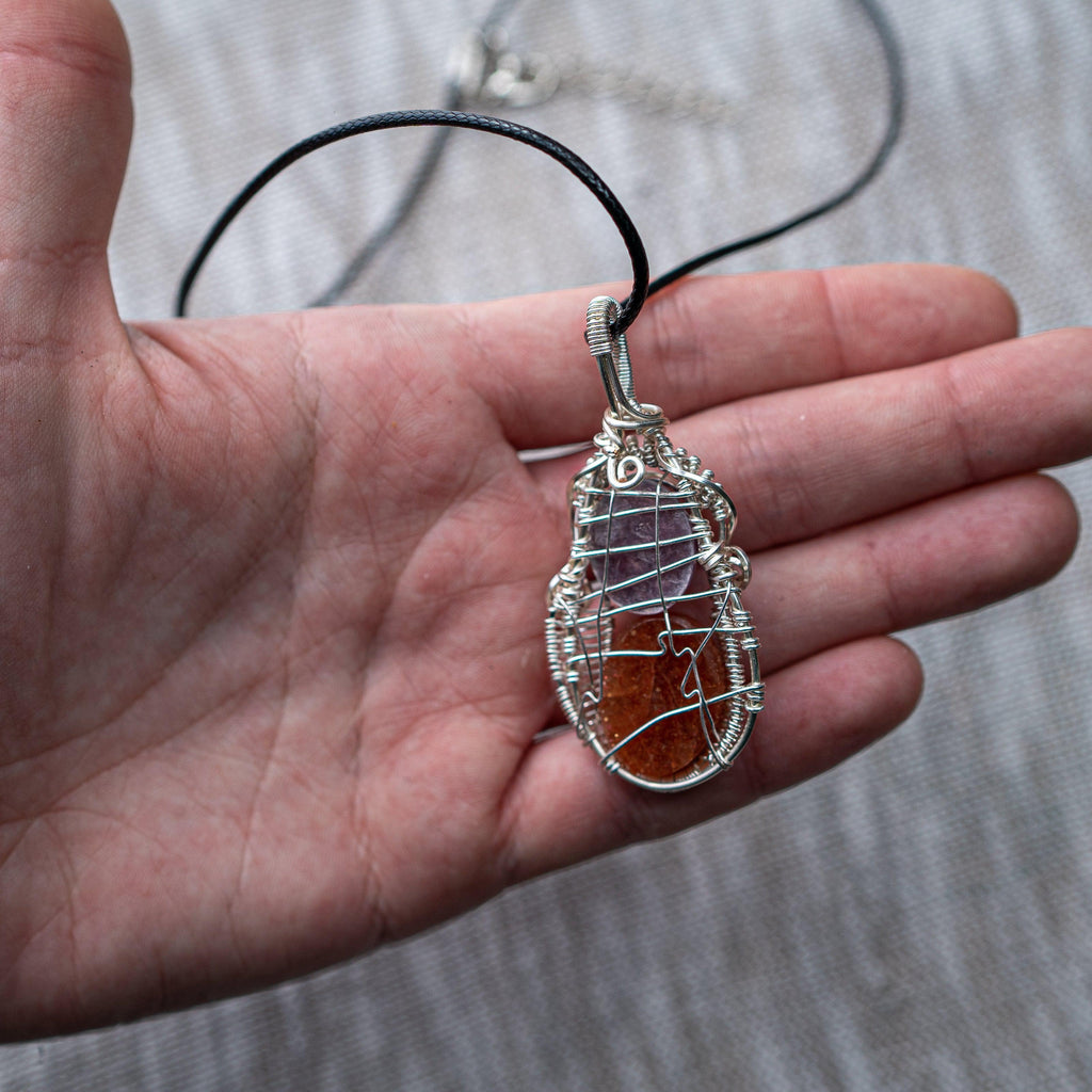 Shimmering Confetti Sunstone and Lepidolite Wire Wrapped Pendant ~ Necklace Cord Included - Earth Family Crystals