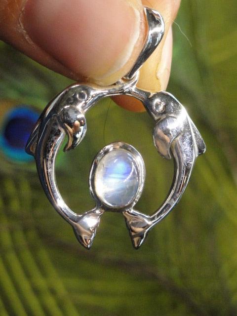 Wonderful DOUBLE DOLPHIN RAINBOW MOONSTONE Gemstone Pendant In Sterling Silver (Includes Silver Chain) - Earth Family Crystals