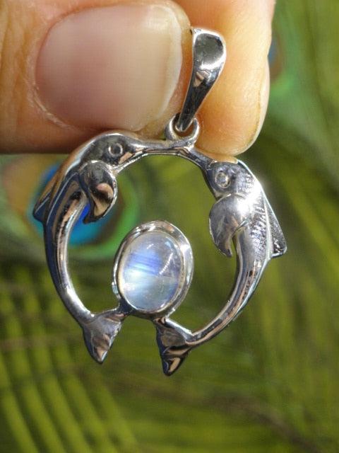 Wonderful DOUBLE DOLPHIN RAINBOW MOONSTONE Gemstone Pendant In Sterling Silver (Includes Silver Chain) - Earth Family Crystals