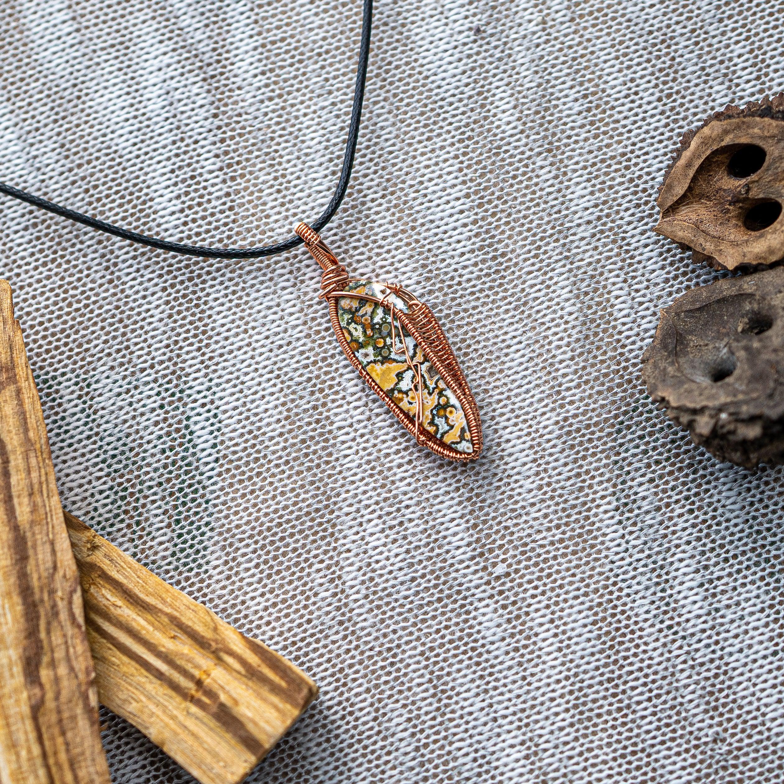 Unique Ocean Jasper Copper Wrapped Pendant with Necklace Cord - Earth Family Crystals
