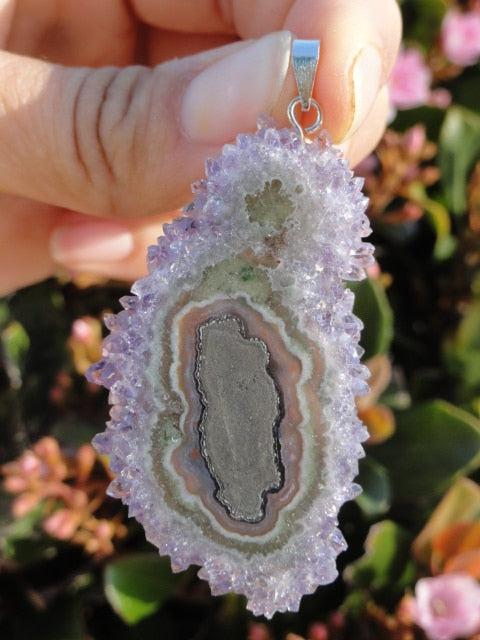 Pretty AMETHYST STALACTITE FLOWER PENDANT in Sterling Silver (Includes Silver Chain) - Earth Family Crystals
