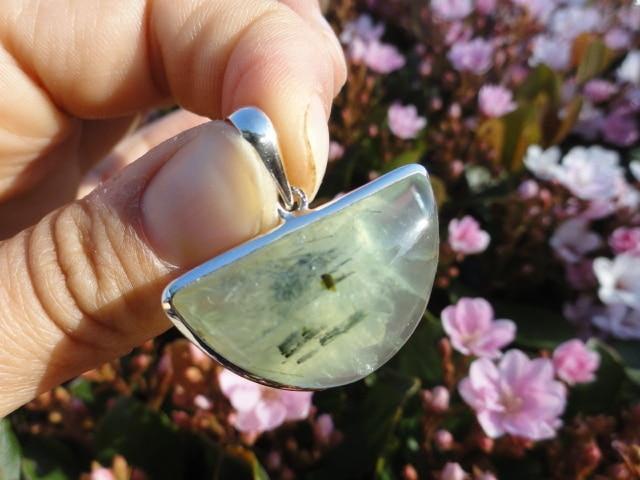 Candy Apple GREEN PREHNITE GEMSTONE PENDANT With Epidote Inclusions In Sterling Silver (Includes Silver Chain) - Earth Family Crystals