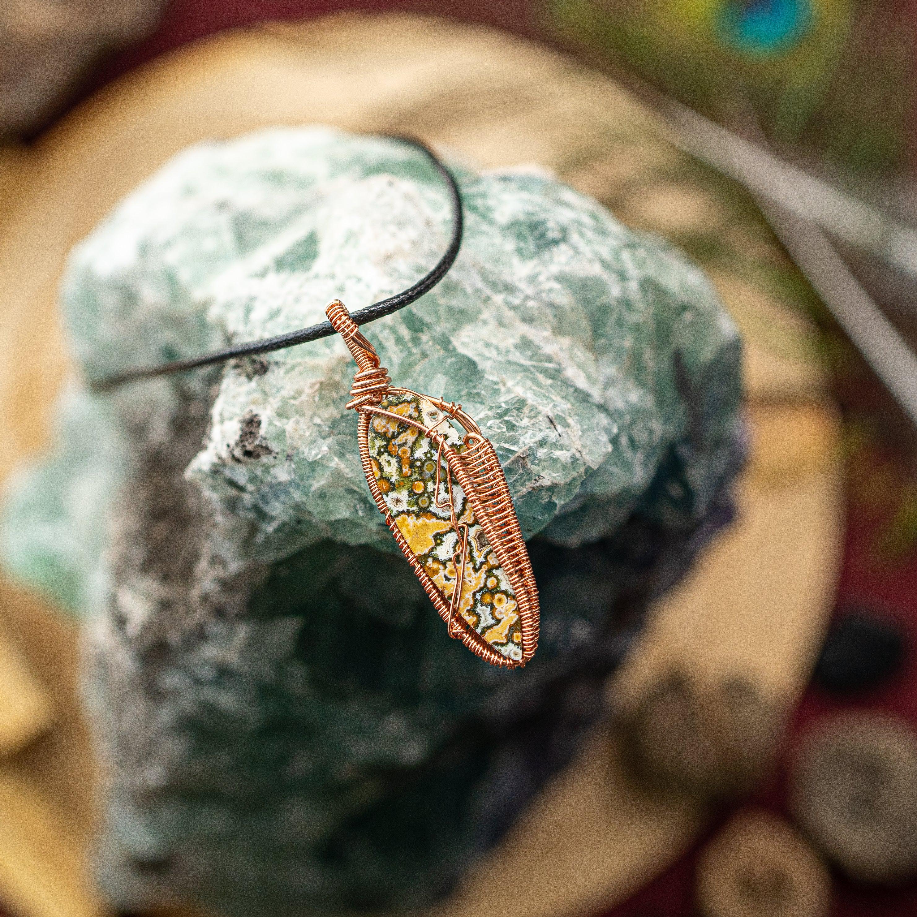 Unique Ocean Jasper Copper Wrapped Pendant with Necklace Cord - Earth Family Crystals