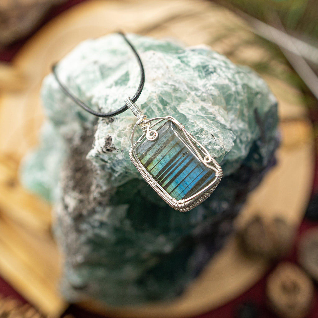 Gorgeous Flashy Blue Green Labradorite Wire Wrapped Pendant ~ Includes Necklace Cord - Earth Family Crystals
