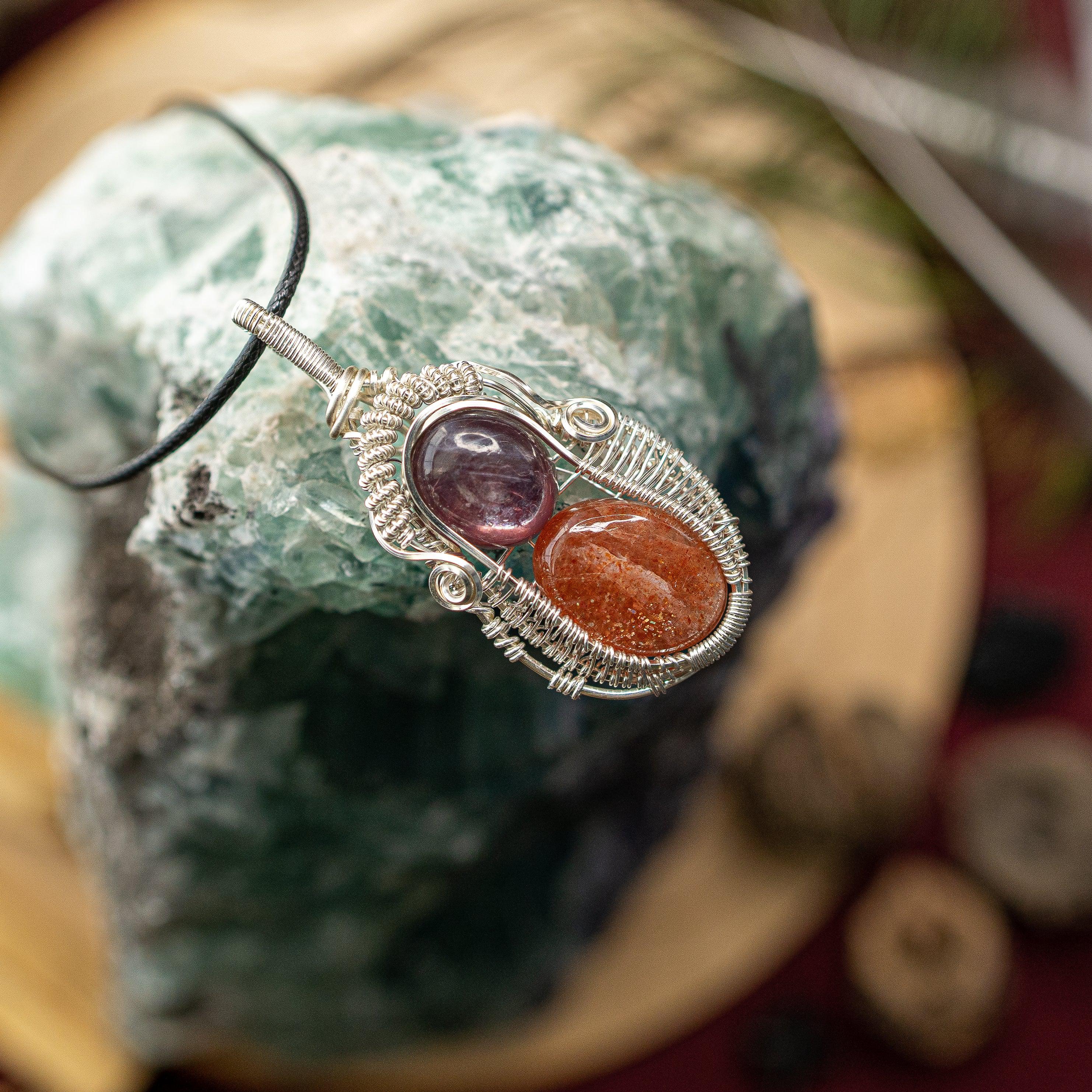 Shimmering Confetti Sunstone and Lepidolite Wire Wrapped Pendant ~ Necklace Cord Included - Earth Family Crystals