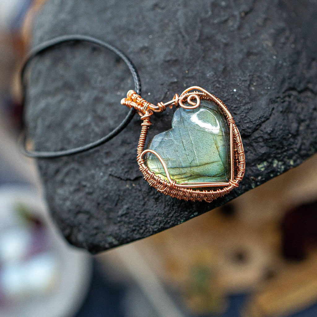 Copper Wire Wrapped Green and Blue Labradorite Heart Pendant with FLASH~ Includes Necklace Cord - Earth Family Crystals