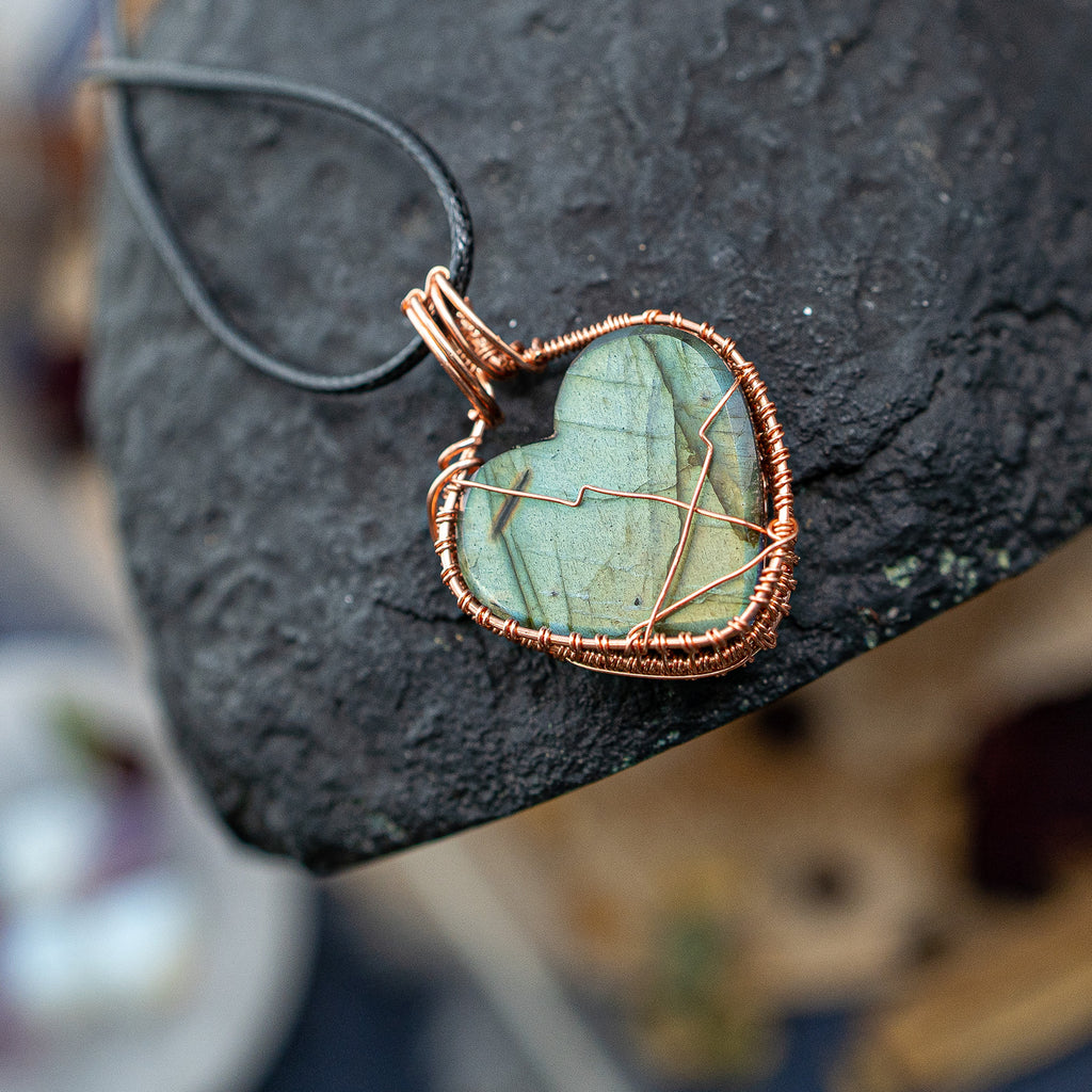 Copper Wire Wrapped Green and Blue Labradorite Heart Pendant with FLASH~ Includes Necklace Cord - Earth Family Crystals