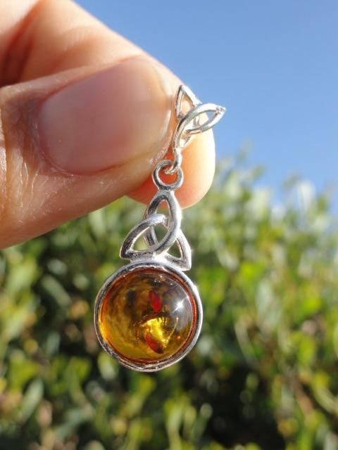 BALTIC AMBER TRIQUETRA GEMSTONE PENDANT In Sterling Silver (Includes Silver Chain) - Earth Family Crystals
