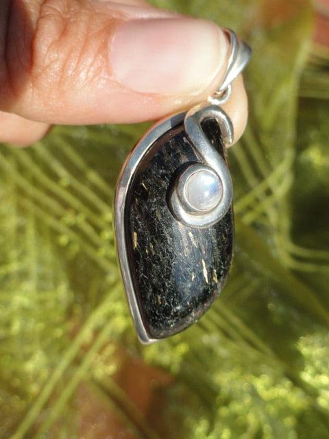 Power Combo! RAINBOW MOONSTONE & Golden Flash Greenland NUUMMITE GEMSTONE PENDANT In Sterling Silver (Includes Silver Chain) - Earth Family Crystals