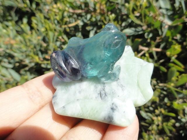 Adorable Rainbow FLUORITE FROG On JADE LILY PAD - Earth Family Crystals
