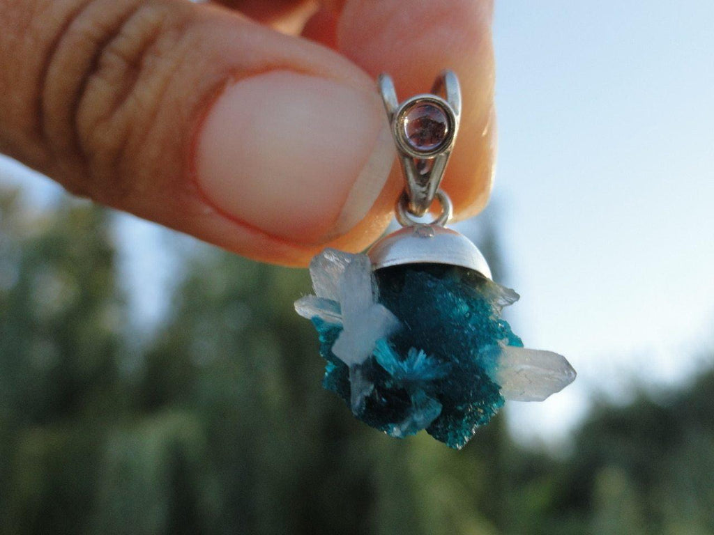 CAVANSITE PENDANT With STILBITE Inclusions & Amethyst Accent stone in Sterling Silver (Includes Free Silver Chain) - Earth Family Crystals