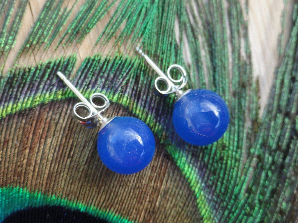 BLUE AGATE 8MM STUD EARRINGS IN STERLING SILVER - Earth Family Crystals