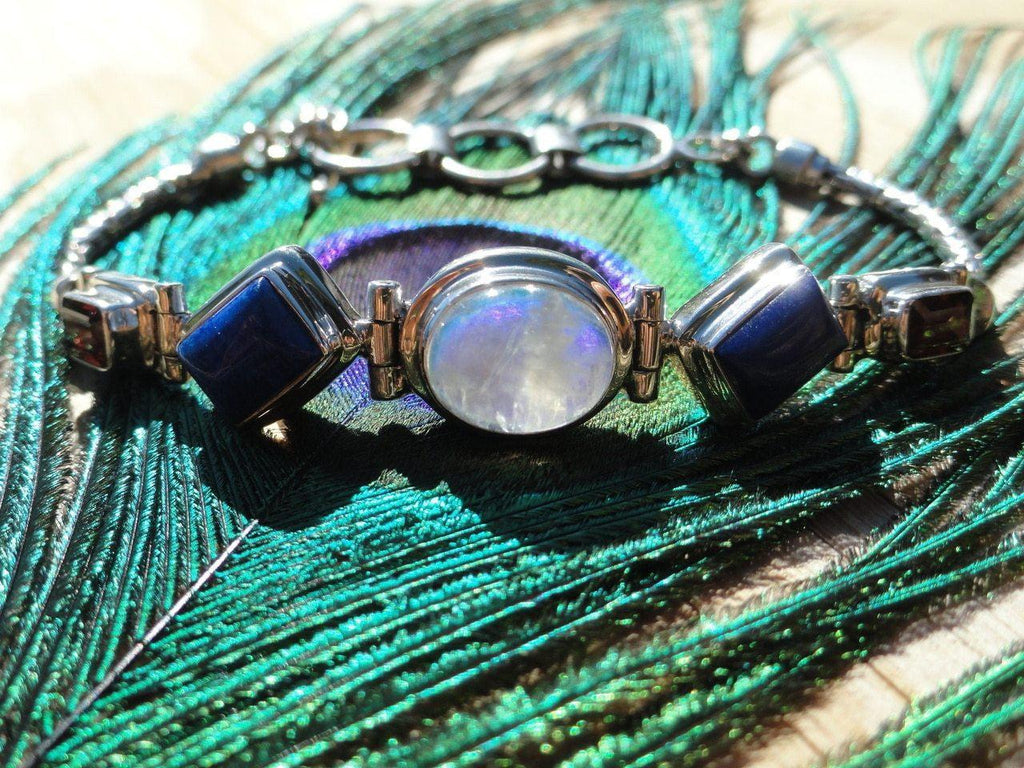 Custom Crafted RAINBOW MOONSTONE,LAPIS LAZULI & RED GARNET Sterling Silver BRACELET - Earth Family Crystals