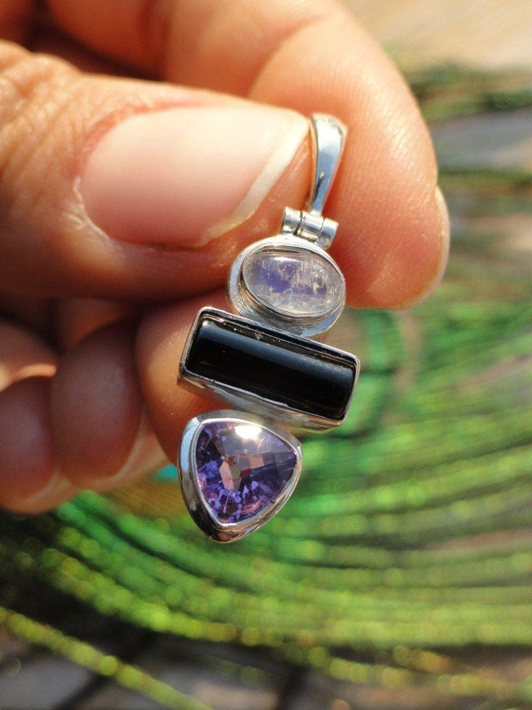 FACETED AMETHYST, RAINBOW MOONSTONE & BLACK  ONYX PENDANT In Sterling Silver (Includes Silver Chain) - Earth Family Crystals