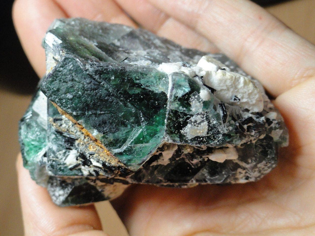 Emerald GREEN FLUORITE With BLACK TOURMALINE Inclusions - Earth Family Crystals