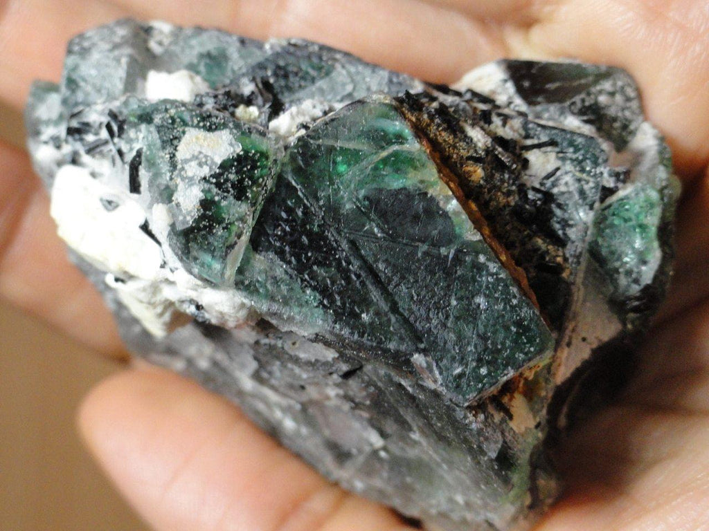 Emerald GREEN FLUORITE With BLACK TOURMALINE Inclusions - Earth Family Crystals