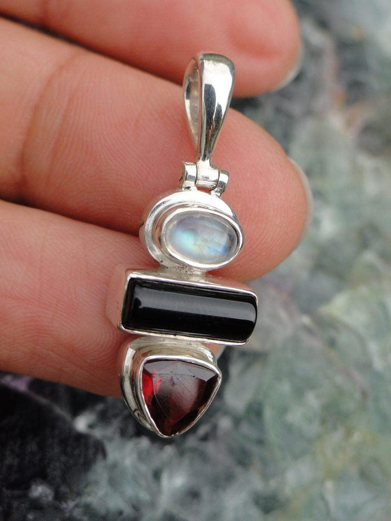 FACETED RED GARNET, RAINBOW MOONSTONE & BLACK ONYX PENDANT IN STERLING SILVER (INCLUDES SILVER CHAIN) - Earth Family Crystals
