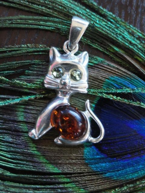 COGNAC & GREEN BALTIC AMBER CAT PENDANT In Sterling Silver (Includes Silver Chain) - Earth Family Crystals