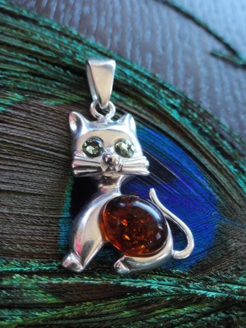 COGNAC & GREEN BALTIC AMBER CAT PENDANT In Sterling Silver (Includes Silver Chain) - Earth Family Crystals