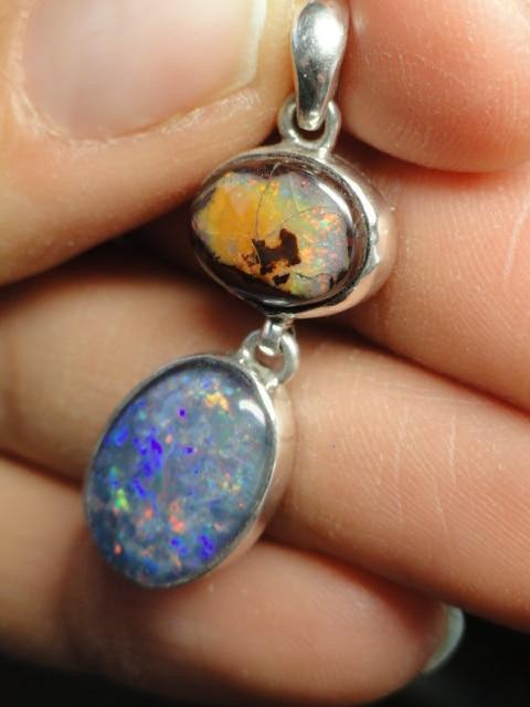 Superb Flash Lightening Ridge BOULDER OPAL & COOBER PEDY OPAL PENDANT In Sterling Silver (Includes Silver Chain) - Earth Family Crystals