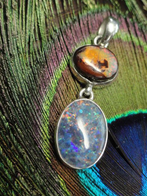 Superb Flash Lightening Ridge BOULDER OPAL & COOBER PEDY OPAL PENDANT In Sterling Silver (Includes Silver Chain) - Earth Family Crystals