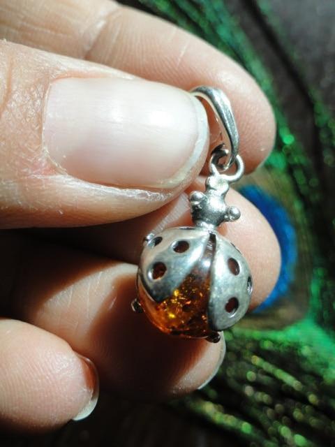 BALTIC AMBER LADYBUG Sterling Silver Pendant (Includes Silver Chain) - Earth Family Crystals
